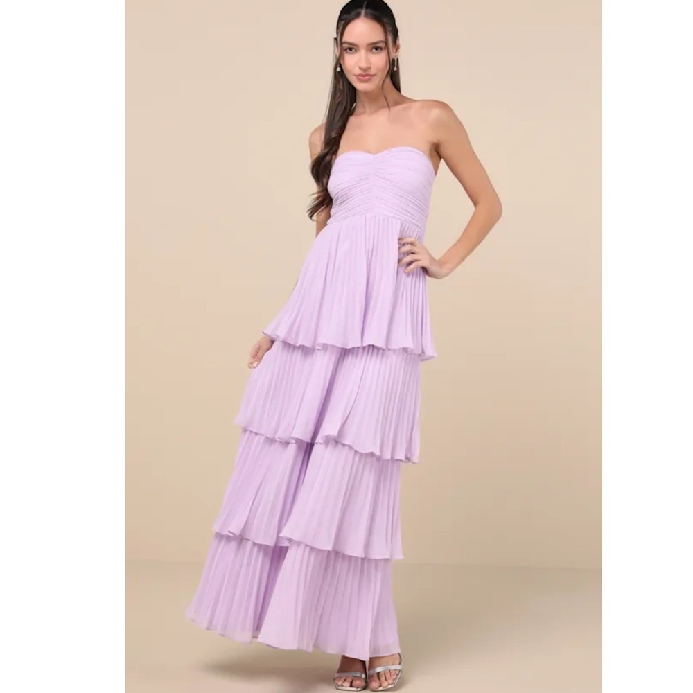 Lulus Seriously Sensational Lavender Pleated Tiered Strapless Maxi Dress Medium